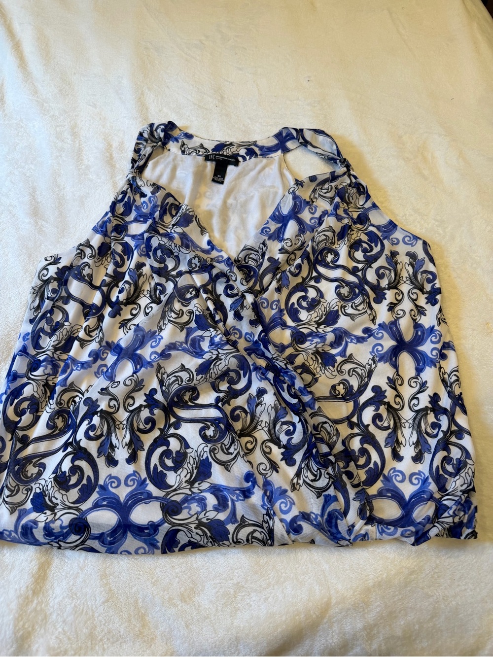 INC International Concepts Blue and White Scrolled Sleeveless Wrap Top